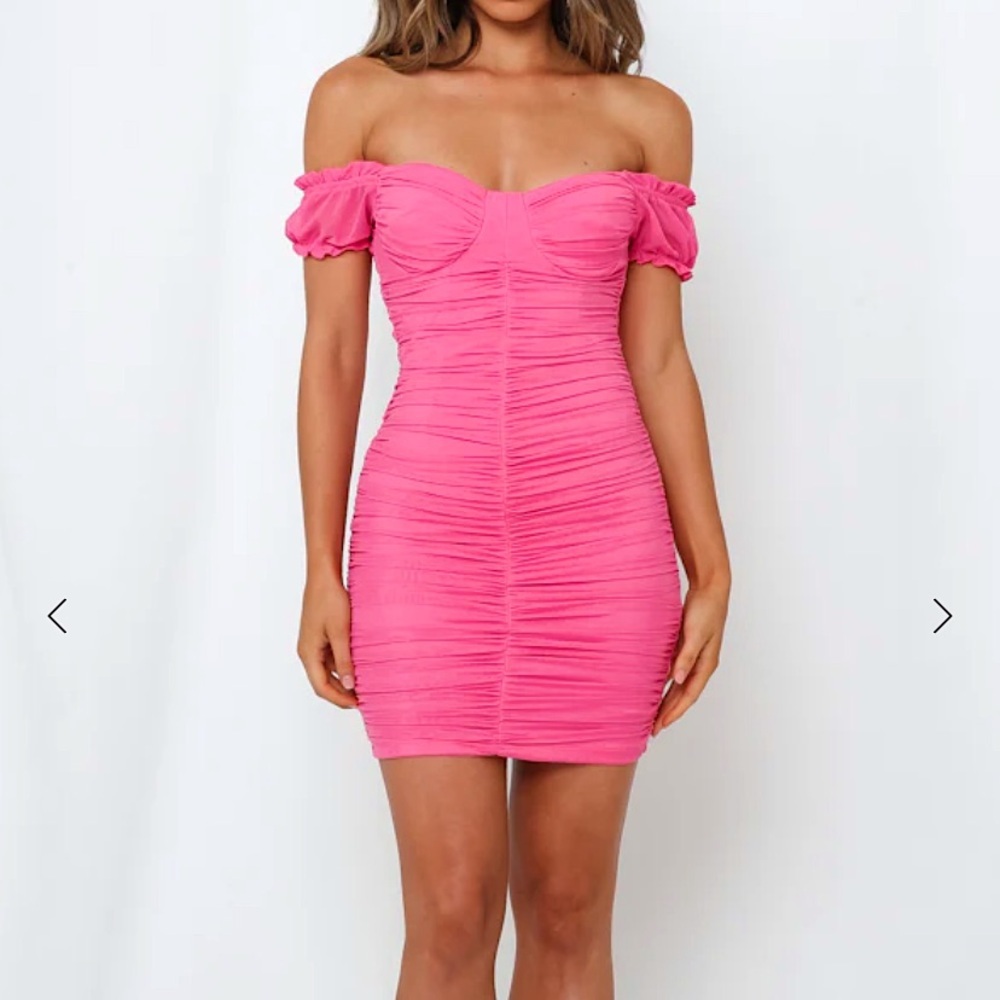 Hello Molly Hot Pink Off-Shoulder Ruched Mini Dress